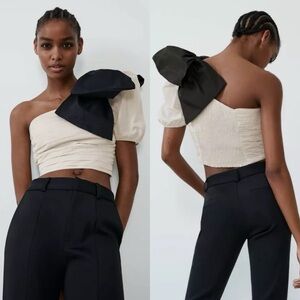 NWT Zara Ruched Bow One Shoulder Crop Top Cream Black